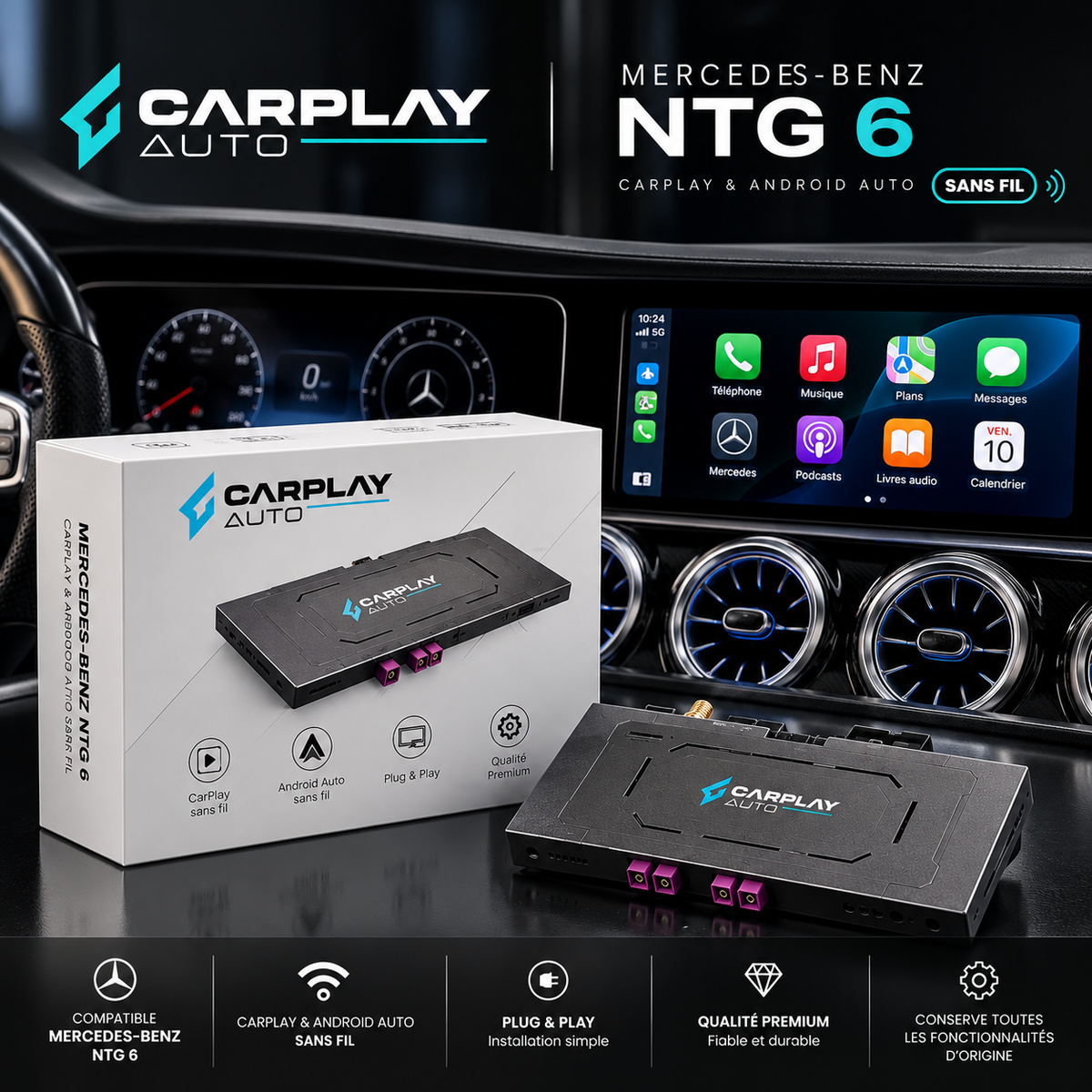 Kit CarPlay et Android Auto sans fil pour Mercedes, écran d'origine