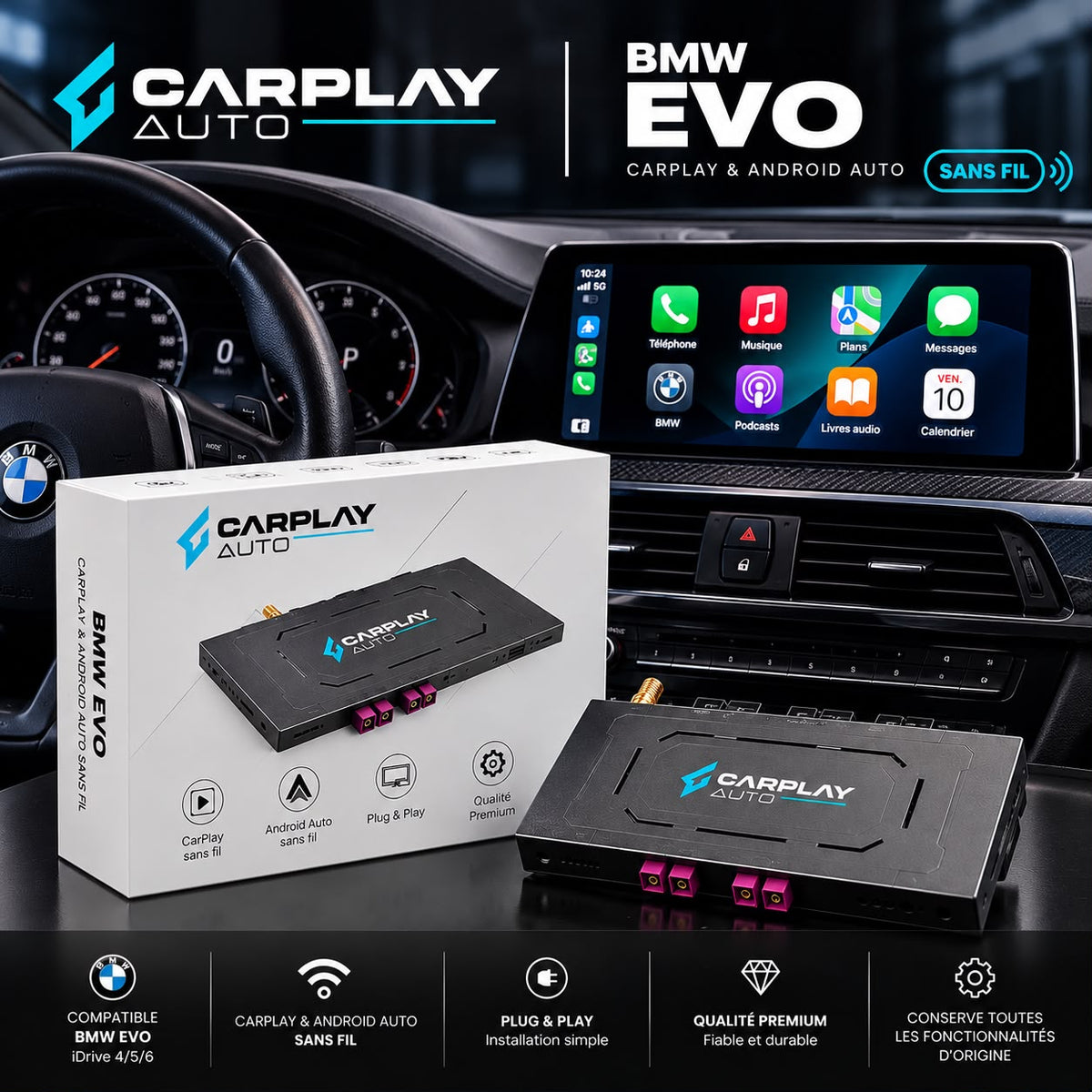 Kit CarPlay et Android Auto sans fil pour BMW NBT Evo, écran d'origine