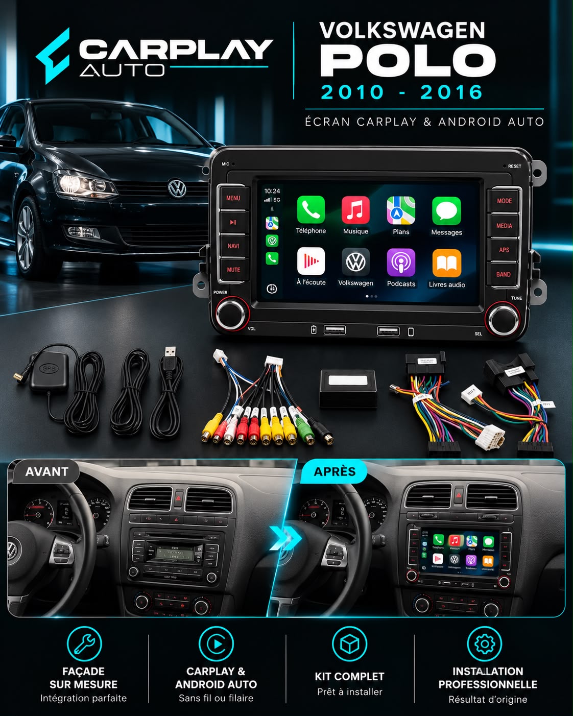 Écran CarPlay et Android Auto sans fil pour VW Polo 5 (2010–2016)